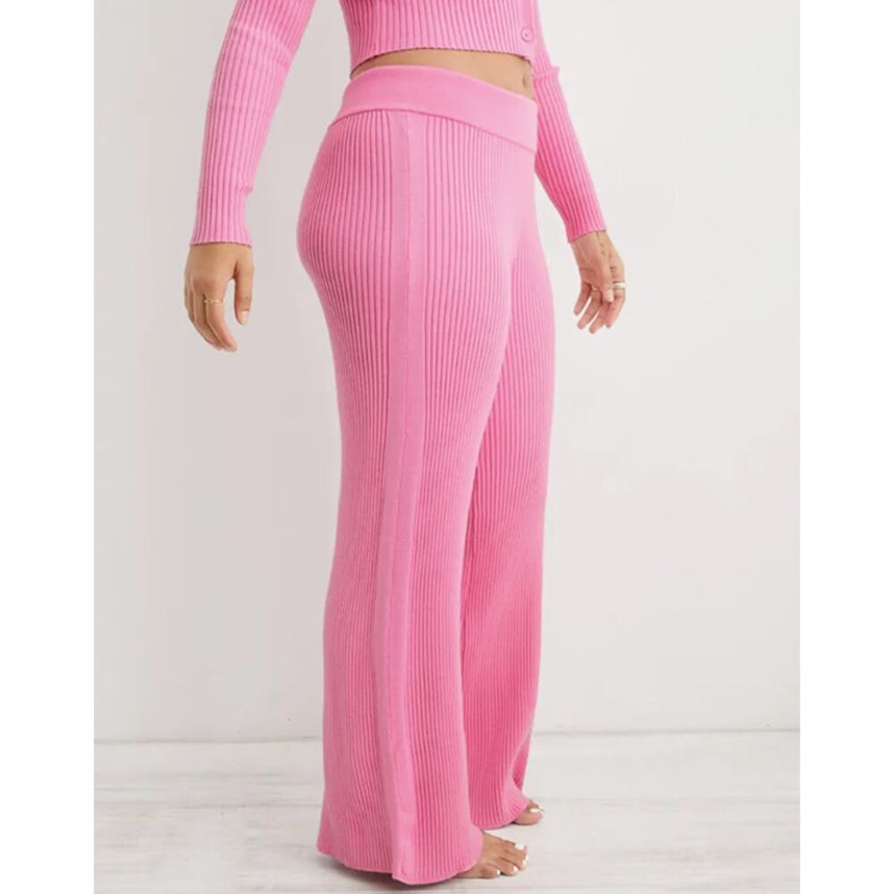 NWT Aerie Gotta Jet! High Waisted Wide Leg Ribbed Skater Lounge Pant Pink Large
